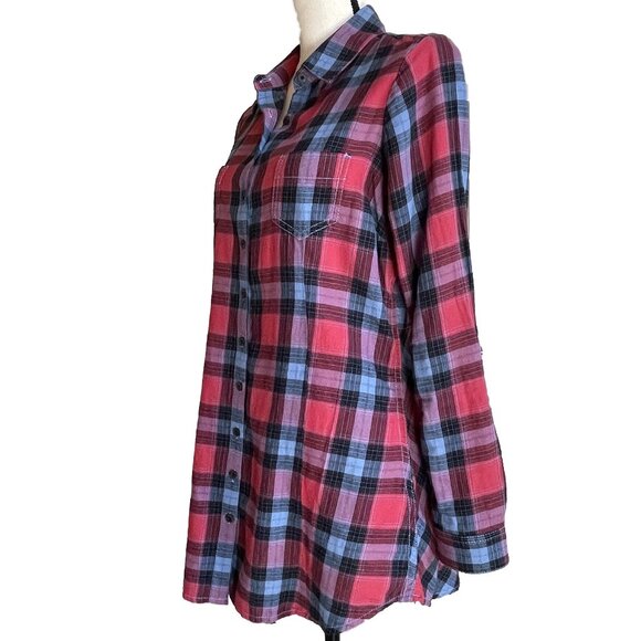 AVENTURA Plaid Tunic Top Shirt Blue Red Size M 100% Organic Cotton Long Sleeve - Picture 2 of 10